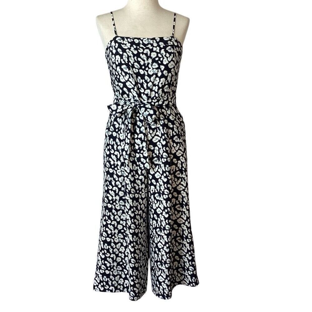 Banana Republic Wide Leg Cropped Jumpsuit Women’s 6 Navy Blue White Square Neckl - Picture 2 of 12